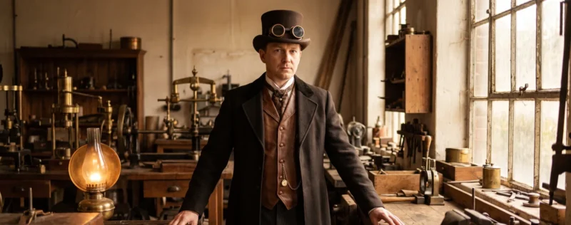 Steampunkklädd gentleman med cylinderhatt i en verkstad